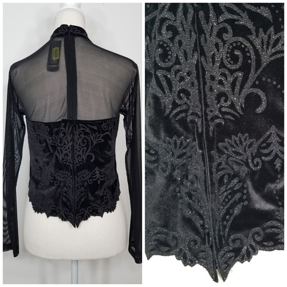 NWT Conrad C Collection Black Velvet Sheer Embellished Indie Sleeze Top shirt M - Picture 5 of 8